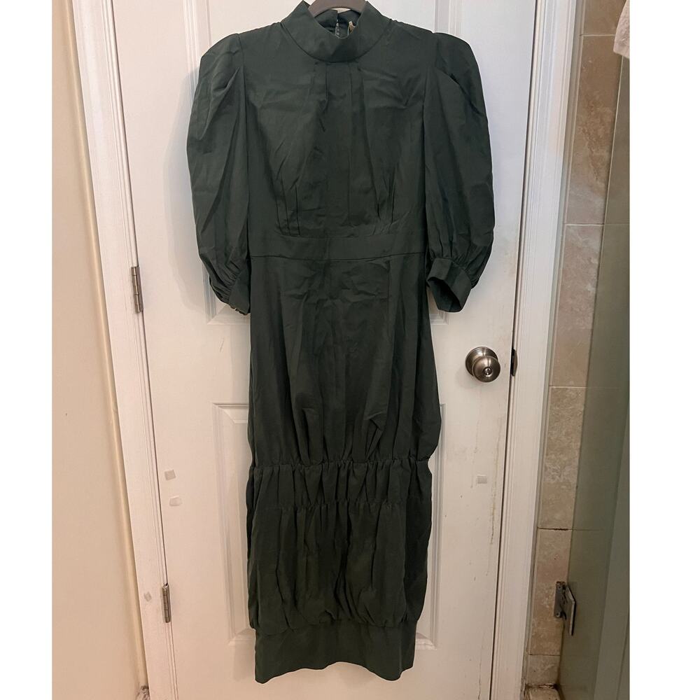 Isabel Garcia Hunter Green Puff Sleeve Ruched Bubble Hem Maxi Dress Sz 38 Luxury